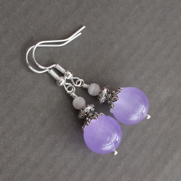 Purple Lavender Earrings Lilac Jade Earrings & White Cats eye Gemstone Earrings Lavender White Antique silver 925 sterling silver hooks gift