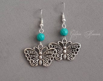Butterfly earrings Women insect jewelry Silver butterfly earrings Women Insect earrings with Turquoise gemstone earrings butterly jewelry
