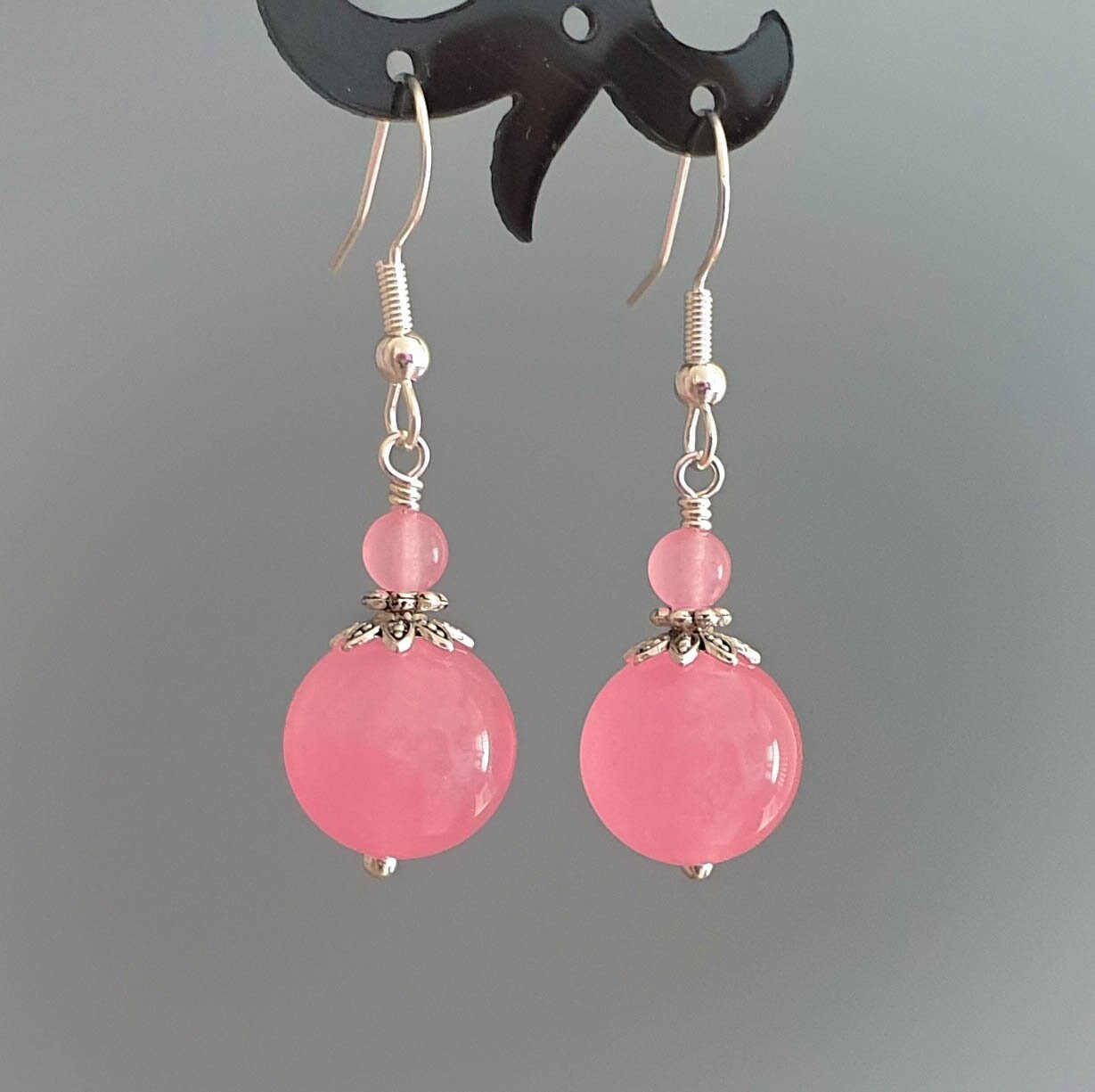Boucles d'oreilles en jade rose Boucles d'oreilles roses rondes doubles boucles d'oreilles jolies boucles d'oreilles roses en argent sterling 925 et en argent tibétain pendantes bijoux en pierres précieuses