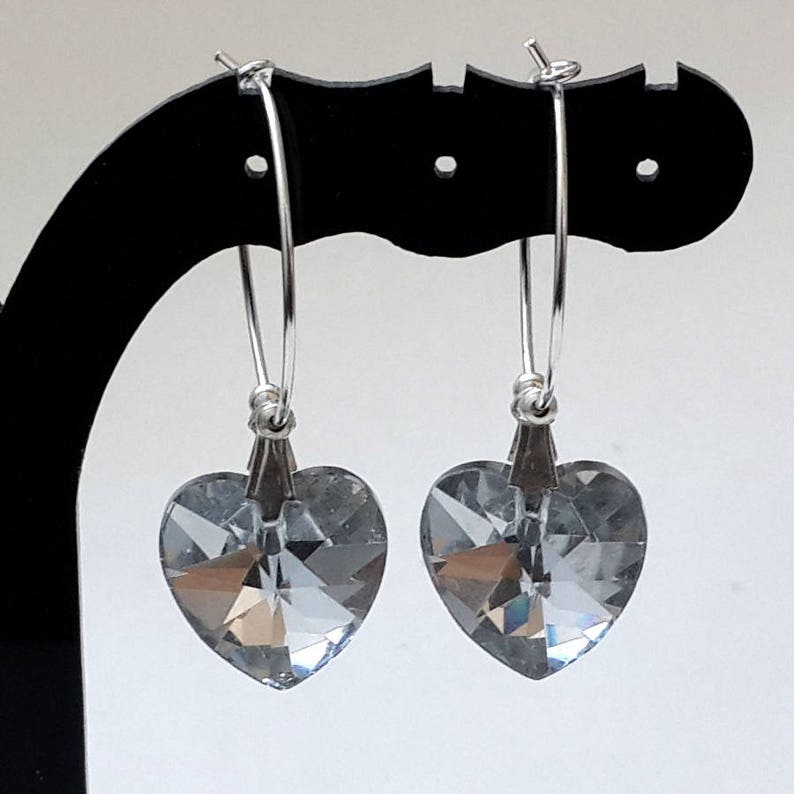 Heart shaped earrings silver Heart earrings hoops Crystal hearts earrings silver Little love gift Crystal earrings Silver hearts dangles