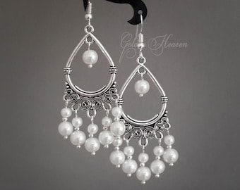 White chandelier earrings Bridal white chandelier earrings White pearls earrings  Long white chandelier earrings 925 sterling silver hooks