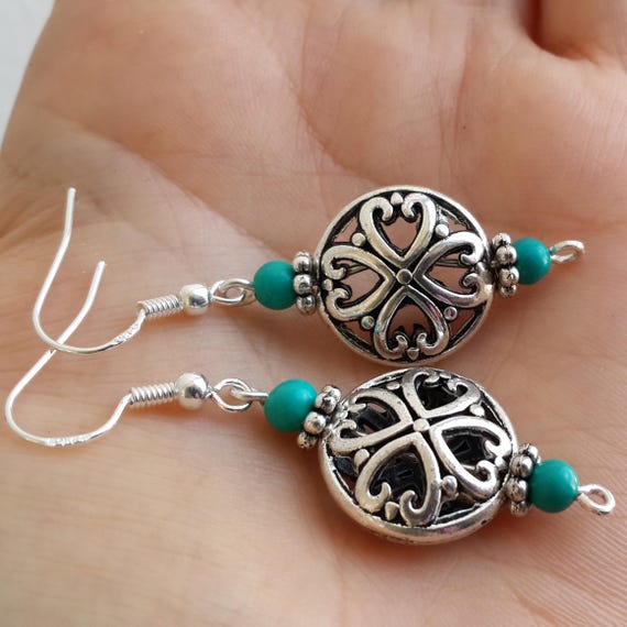 Tibetan Silver earrings Filigree Turquoise Dangle Sterling Silver Hooks
