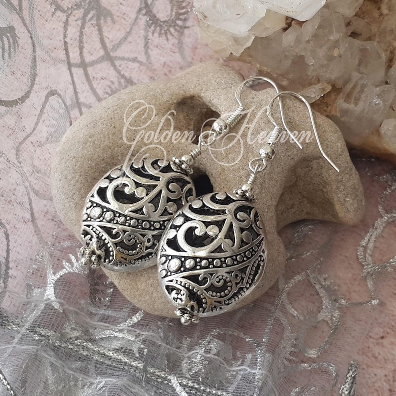 Large Oval Silver Filigree Earrings Tibetan Silver and 925 Sterling Hooks Women Jewelry image 2