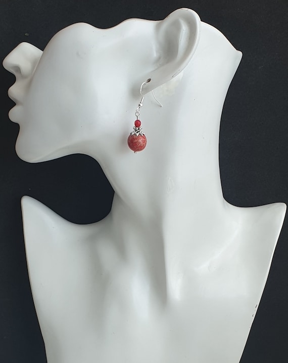 Orecchini A Goccia In Corallo Rosso Naturale E Argento Tibetano - Golden Heaven