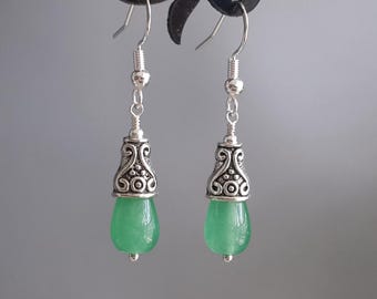 Light Green Jade Drop Earrings Natural Gemstone Jewelry Teardrop 925 Sterling Silver Hooks & Tibetan Slver