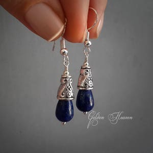 Lapis Lazuli Teardrop Earrings Lapis Earrings Tibetan Silver & 925 Sterling Silver Dark Blue Stone earrings Gemstone Cute gift Jewelry