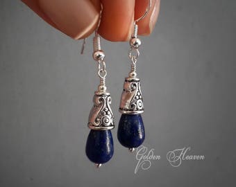 Lapis Lazuli Teardrop Earrings Lapis Earrings Tibetan Silver & 925 Sterling Silver Dark Blue Stone earrings Gemstone Cute gift Jewelry