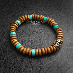 Brown Wood Stretch Bracelet Woden Bracelet and Turquoise Natural Gemstone Handmade gift Unisex Bracelet Jewelry