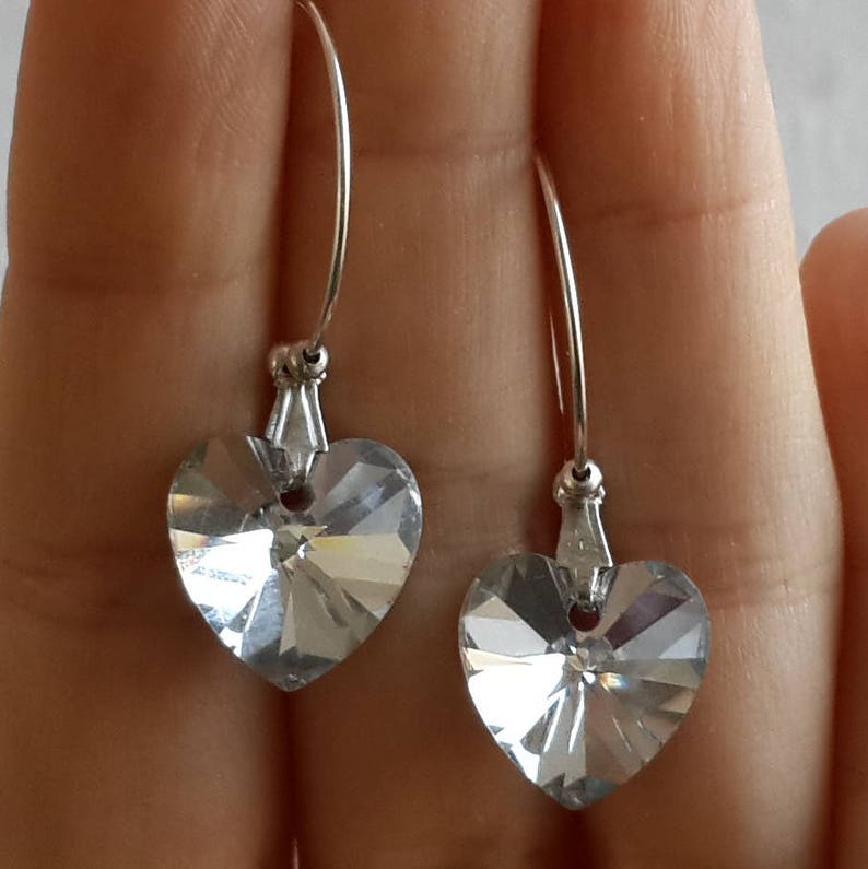 Heart shaped earrings silver Heart earrings hoops Crystal hearts earrings silver Little love gift Crystal earrings Silver hearts dangles