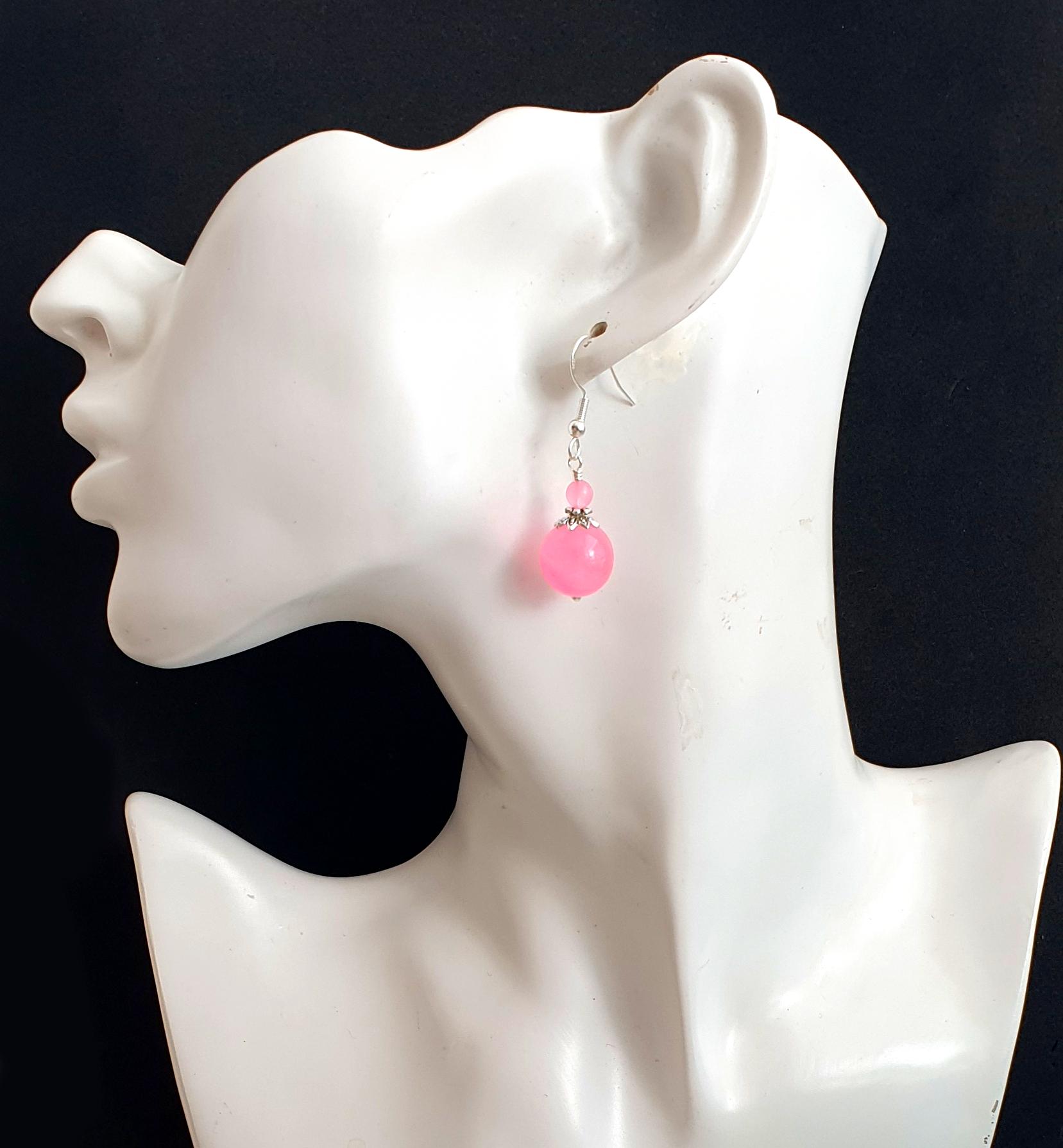 Orecchini Pendenti In Giada Rosa Rotondi, Con Ganci In Argento Sterling 925