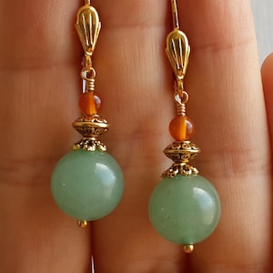 Aventurine and Carnelian Earrings Green Red Earrings Jewelry for women Gemstone Handmade Gold Plated Leverbacks