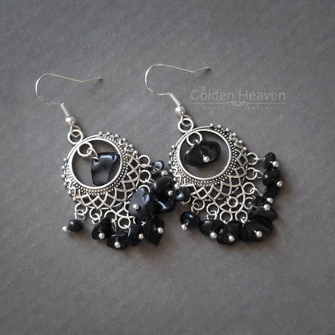 Large Black Onyx chandelier earrings Black Boho chandelier Natural