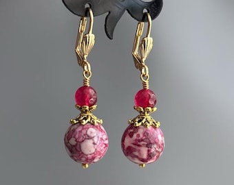 Pink Jade Mosaic Dangle Earrings: Gold Plated Leverbacks