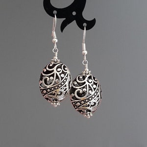 Large Oval Silver Filigree Earrings Tibetan Silver and 925 Sterling Hooks Women Jewelry image 1