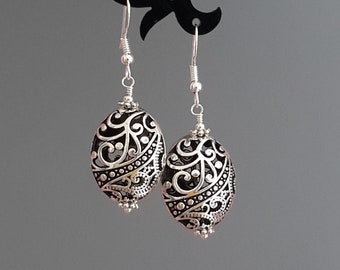 Large Oval Silver Filigree Earrings Tibetan Silver and 925 Sterling Silver Hooks Handmade Women Jewelry Gift