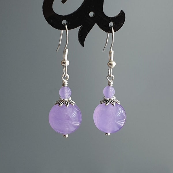 Lavender Jade Earrings Round Purple earrings double earring cute purple earring 925 sterling and tibetan silver dangle gift gemstone jewelry