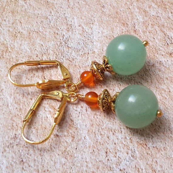 Boucles D'oreilles Pendantes En Aventurine Verte Et Cornaline, Monture Argent 925