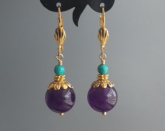 Purple Jade Earrings Turquoise and Jade Earrings Round Eggplant colored Gemstone earrings Gold Plated Leverbacks Women Jewelry