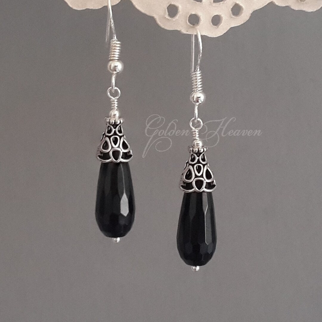 Black Drop Earrings Cute Black Earrings Black Onyx Earrings Black