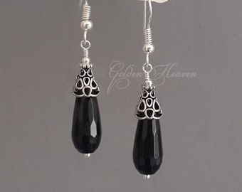 Black drop earrings Cute black earrings Black Onyx earrings Black dangle earrings boho gift girlfriend 925 sterling silver hooks filigree