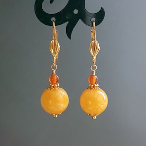 Yellow and Carnelian Agate Earrings Round Drop Dangle Handmade Women Jewelry Gold Plated Leverbacks