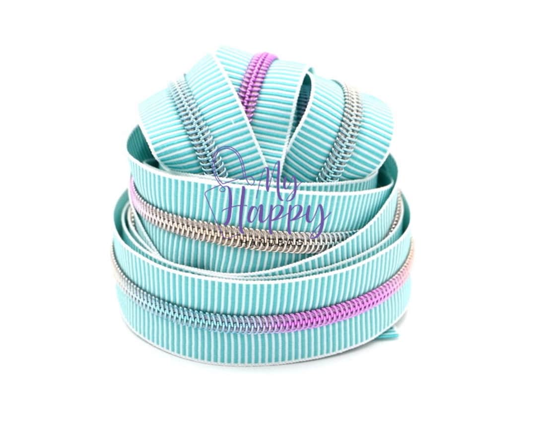 Teal/white ZEBRA Zipper #5 Zipper Tape With Rainbow Teeth With