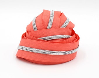 Coral #5 Zipper Tape with Silver Teeth with your choice of pulls
