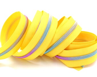 Yellow #5 Zipper Tape with Rainbow Teeth with your choice of pulls- By the Yard- Unicorn Pulls are perfect with Tula Bags