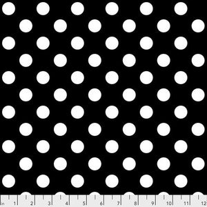 May include: Black and white polka dot fabric with white dots on a black background.