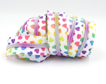 White Hearts  #5 Zipper Tape with Rainbow Teeth with your choice of pulls- By the Yard