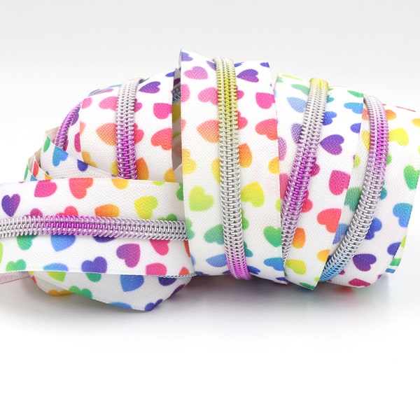 White Hearts  #5 Zipper Tape with Rainbow Teeth with your choice of pulls- By the Yard