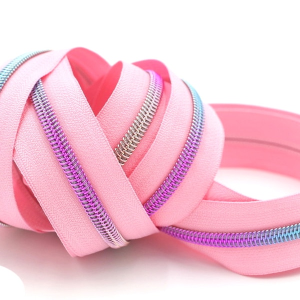 Rose Pink #5 Zipper Tape with Rainbow Teeth with your choice of pulls- By the Yard- Unicorn Pulls are perfect with Tula Bags