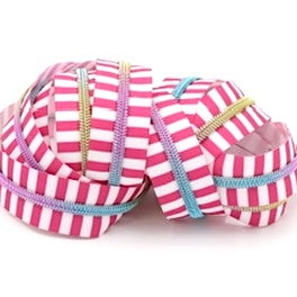 Pink & White Stripe #5 Zipper Tape with Rainbow Teeth with your choice of pulls- By the Yard