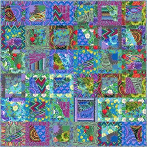 May include: A patchwork quilt featuring a grid of square blocks, each composed of two triangular fabric pieces. The design showcases a vibrant array of floral, geometric, chevron, and dotted patterns in bright shades of blue, green, red, and purple.