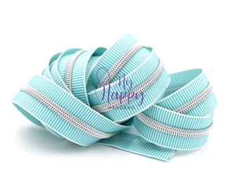May include: A close-up of a teal zipper with a white stripe and silver teeth. The zipper is coiled up on a white background.