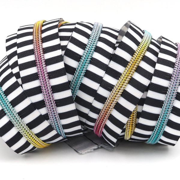 Black & White Stripe #5 Zipper Tape with Rainbow Teeth with your choice of pulls- By the Yard