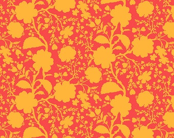 May include: A red fabric with a repeating pattern of yellow floral silhouettes. The pattern includes large flowers, small flowers, leaves, and stems.