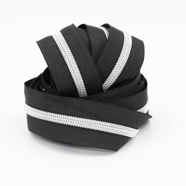 Black #5 Zipper Tape with Silver Teeth with your choice of pulls