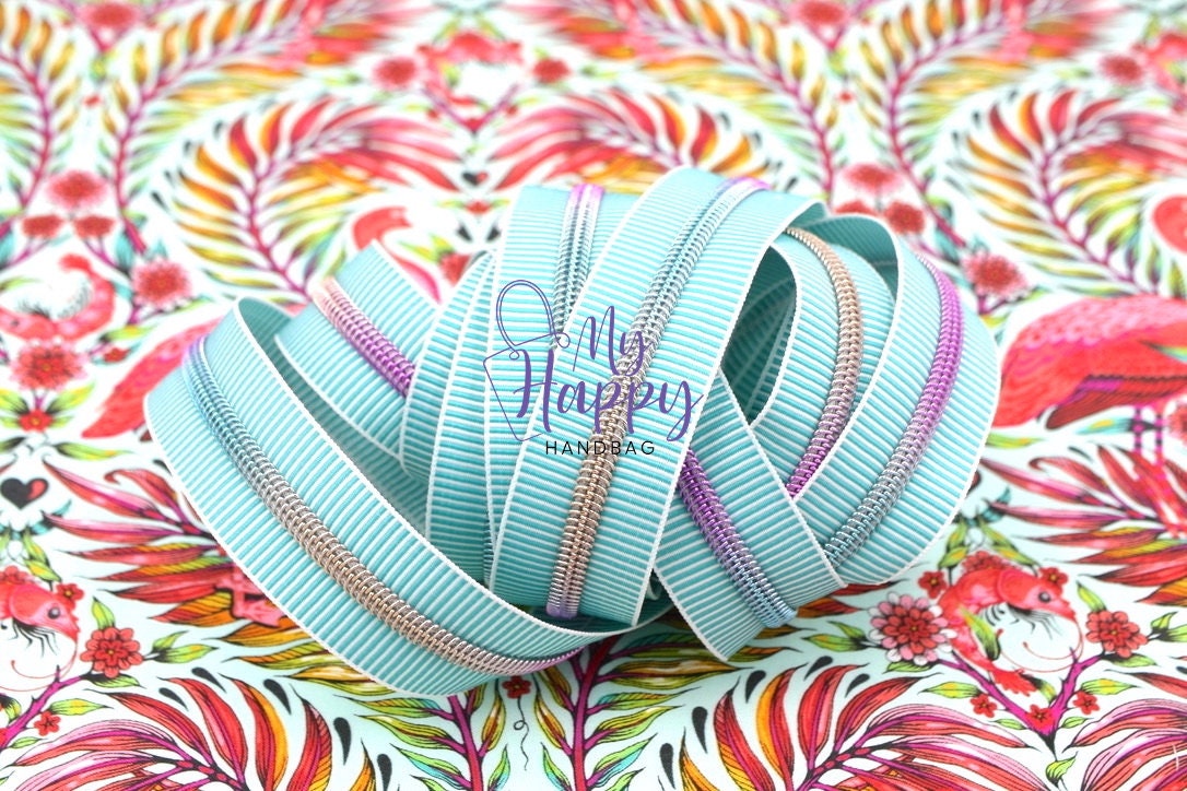 Teal/white ZEBRA Zipper #5 Zipper Tape With Rainbow Teeth With