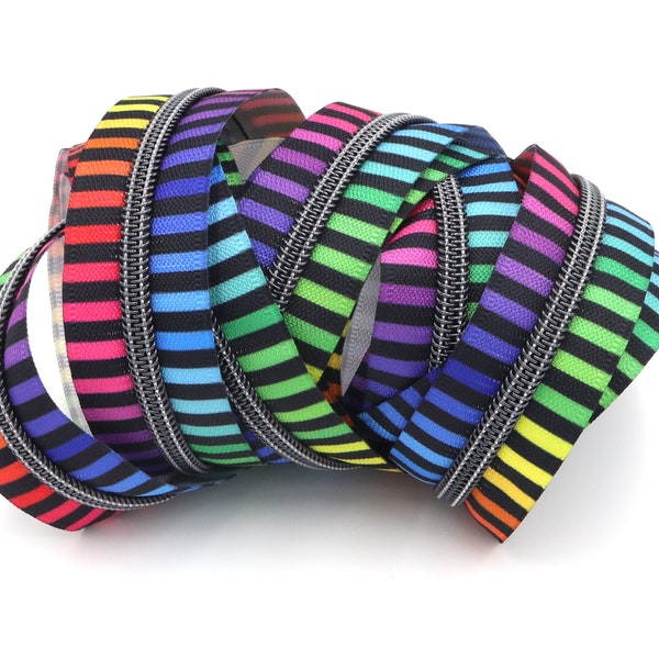 Black Rainbow Stripe #5 Zipper Tape with Gunmetal Teeth with your choice of pulls
