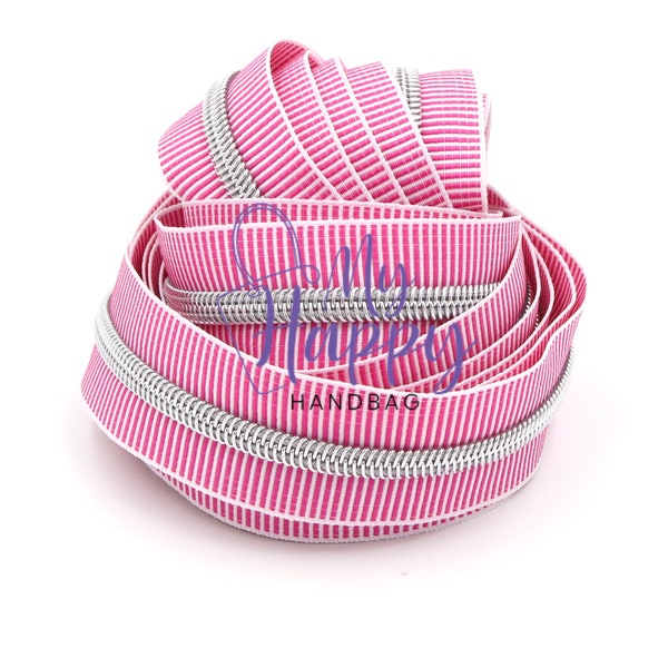 Pink/White ZEBRA Zipper #5 Zipper Tape with Silver Teeth with your choice of pulls