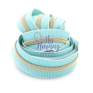 Teal/White ZEBRA Zipper #5 Zipper Tape with Gold Teeth with your choice of pulls