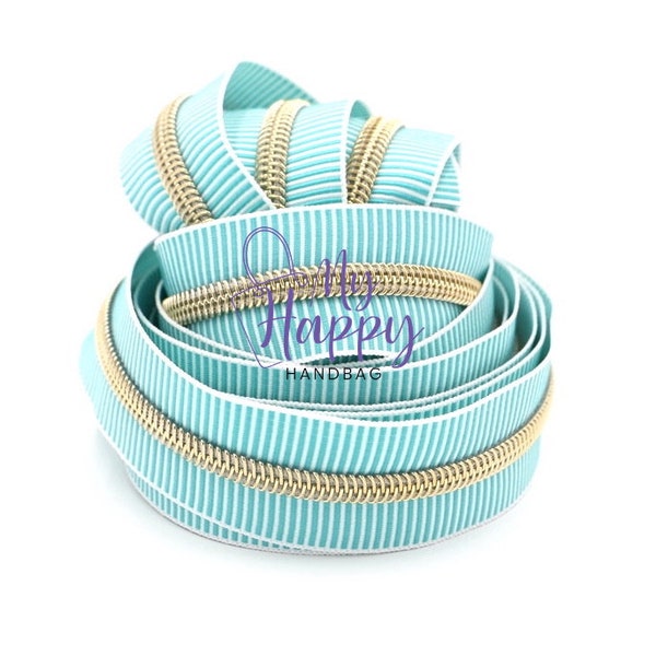 Teal/White ZEBRA Zipper #5 Zipper Tape with Gold Teeth with your choice of pulls