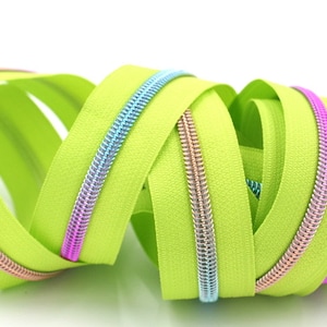 Bright Lime Green #5 Zipper Tape with Rainbow Teeth with your choice of pulls- By the Yard- Unicorn Pulls are perfect with Tula Bags