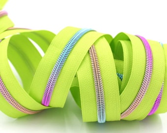 Bright Lime Green #5 Zipper Tape with Rainbow Teeth with your choice of pulls- By the Yard- Unicorn Pulls are perfect with Tula Bags