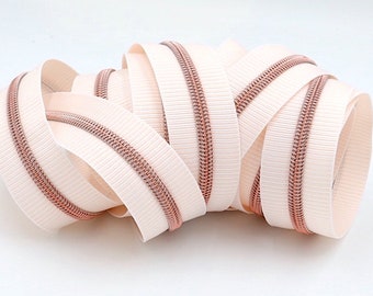 Blush/White ZEBRA Zipper #5 Zipper Tape with Rose Gold Teeth with your choice of pulls