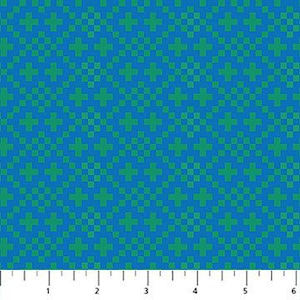 May include: Blue and green patterned fabric with a pixelated design. The fabric features a grid of small squares in varying shades of blue and green. A ruler is at the bottom, showing measurements in inches.
