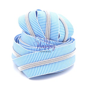 Turquoise/White ZEBRA Zipper #5 Zipper Tape with Silver Teeth with your choice of pulls