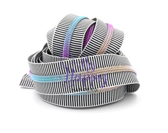 ZEBRA Zipper #5 Zipper Tape with Rainbow Teeth with your choice of pulls- By the Yard