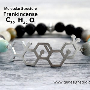 May include: A silver bracelet with a frankincense molecular structure charm. The bracelet is made with black lava rock beads, white and light blue agate beads, and brown and white jasper beads.